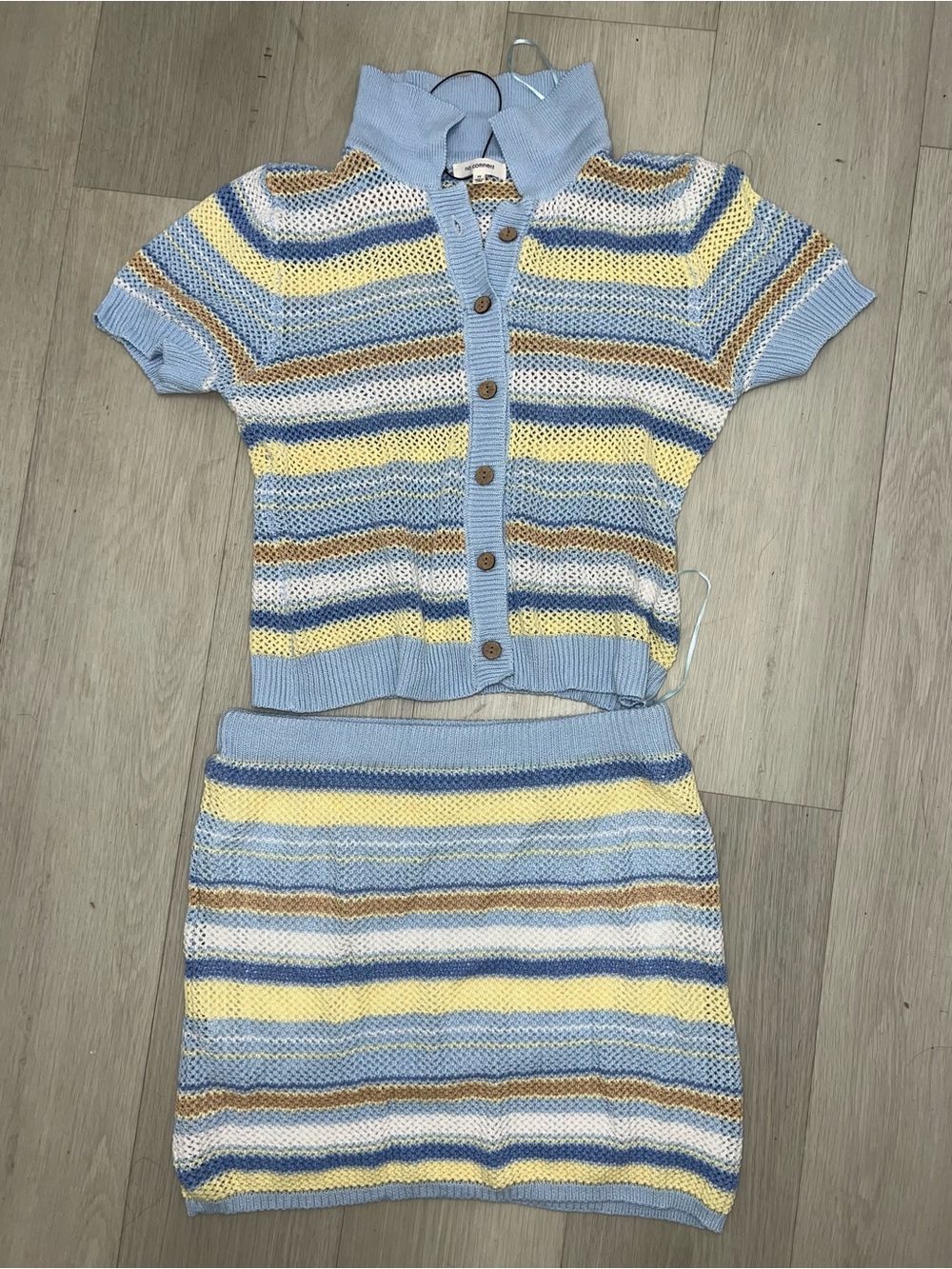 Y2K Style Pastel Striped Crochet Cardigan & Mini Skirt Co-ord Set